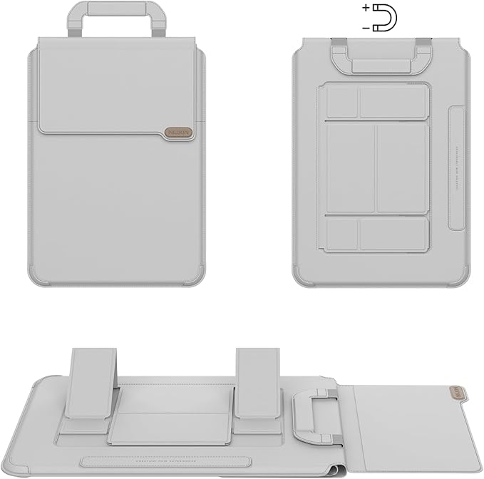 Nillkin Upgraded 12-14 Inch Laptop Sleeve Case for MacBook/Dell/HP/Lenovo/Asus, Unique Slim Travel Computer Bag with Adjustable Stand & Mouse Pad, Magnetic Handle, PU Leather, Gray