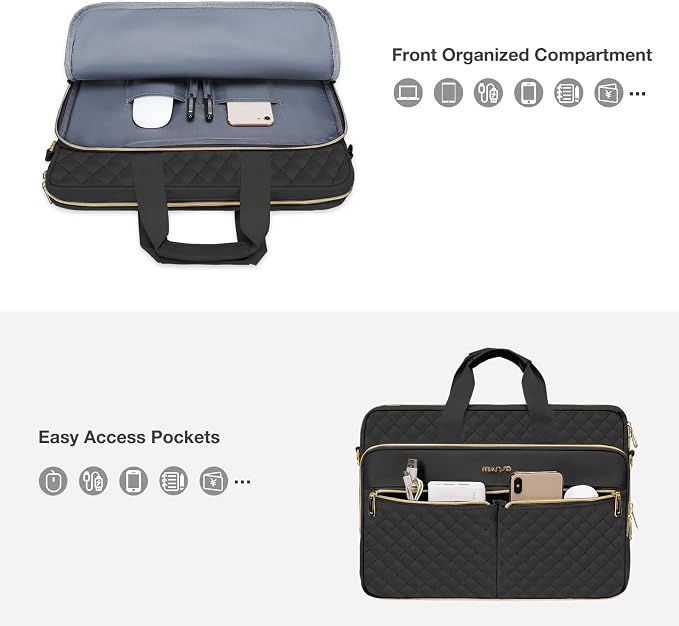 MOSISO 15-16 inch Laptop Bag, Laptop Briefcase Messenger Compatible with MacBook Pro 16/Air 15, HP, Dell, Lenovo, Square Quilted Computer Bag Work Office Business with 3 Pockets&Strap, Black