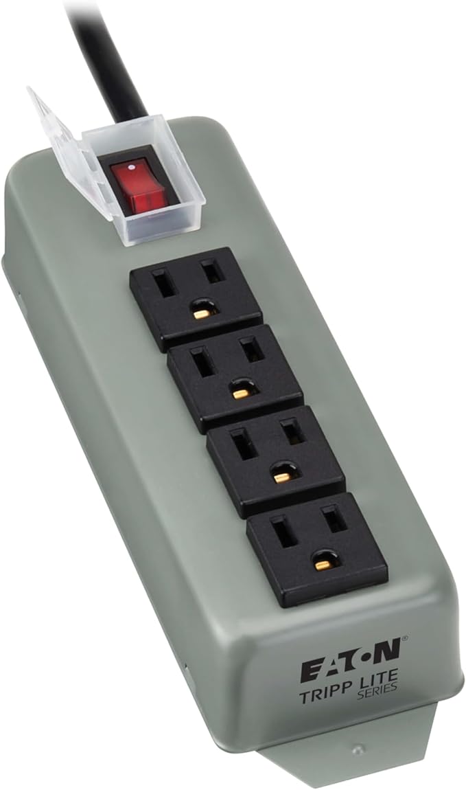 Eaton Tripp Lite series 4-Outlet Heavy Duty Power Strip, Metal, Mountable (Wall Mount & Under Desk), 6ft Extension Cord, On/Off Switch Cover, Industrial Garage Shop Work Bench Applications (UL603CB-6)
