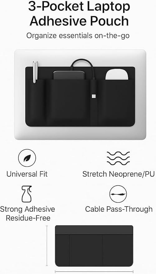 3-Pocket Adhesive Laptop Pouch Organizer - Stick-On Mouse & Hard Drive Holder for Laptop | Slim Reusable 3M Computer Pocket for SSD, Cables, Mouse, Chargers & Tech Accessories (10.7" x 5.5")