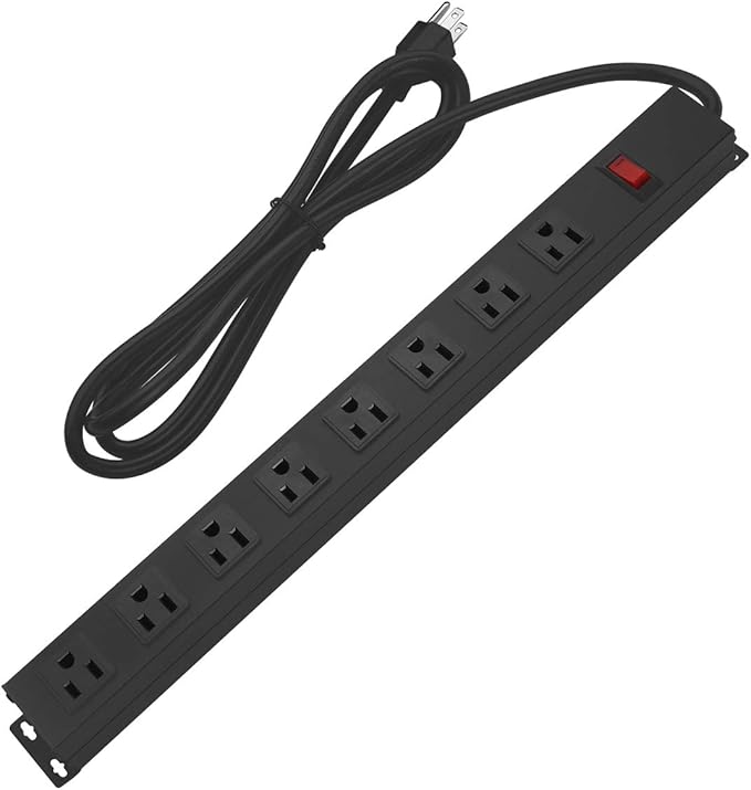 HHSOET Metal 8 Outlet Mountable Power Strip, Wall Mount Outlet Heavy Duty, Wide Spaced Commercial Shop Power Strip with Switch, 15A 125V 1875W, 25 FT SJT 14AWG Power Cord.(Black)