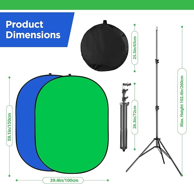 Portable Green Screen Chromakey Backdrop with Stand,59 * 39 inch Pop Up Collapsible Backdrop,Foldable Blue&Green Screen 2 in 1 Backdrop for Photo and Video Shooting,Gaming (Green & Blue)