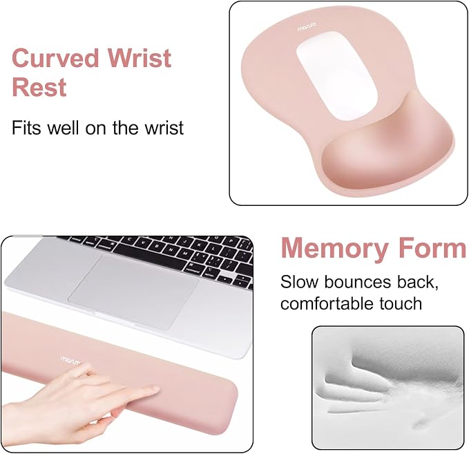 MOSISO Wrist Rest Support for Mouse Pad&Keyboard Set, Ergonomic Mousepad&Coaster, Non-Slip Base Home/Office Rectangular Easy Typing Cushion Pad with Soft Cloth&Curved Concave Memory Foam, Peach Fuzz