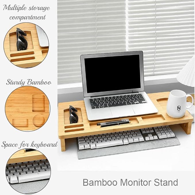 Vaiyer Bamboo Laptop Monitor Stand Riser - 23 Inch Wooden Desktop Storage Organizer Shelf for Computer Laptop Printer TV Cellphone Stand Desktop Monitor