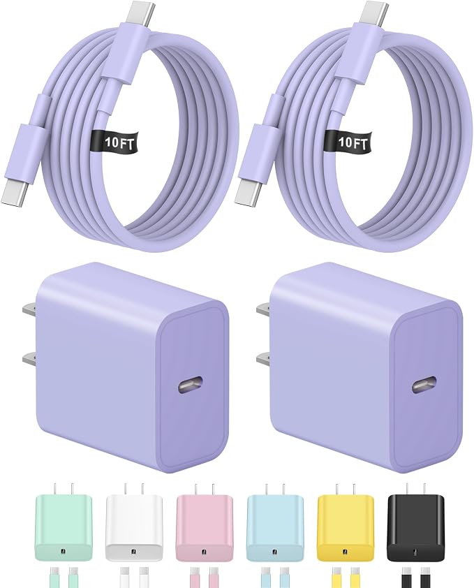 10FT iPhone 17 16 15 Charger Fast Charging USB C Charger Block Type C Chagrer Fast Charging 2-Pack for iPhone 17/17 Plus/17 Pro/17 Pro Max/iPhone 16/16 Plus/16 Pro/16 Pro Max/15/15 Pro Max(Purple)