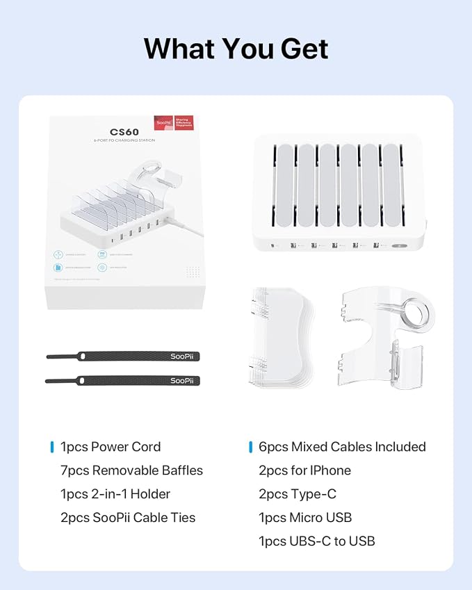 SooPii 60W 6-Port Charging Station for Multiple Devices, PD 20W USB C Fast Charging for lPhone 14/13/12,6 Short Cables Included, 2 in 1 Holder,for Phones,Tablets and Others,White