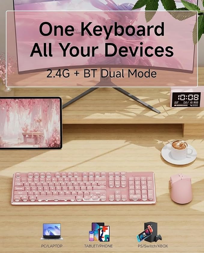 Wireless Keyboard and Mouse Combo with White Backlit Pudding Keycaps, Bluetooth & 2.4G, 2000mAh Rechargeable, Full Size, Metal Panel Quiet Computer Keyboard Set for Windows PC Desktop - Pink