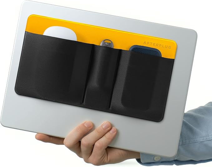 3-Pocket Adhesive Hard Drive Holder for Laptop | Stick-On Pouch for External SSD, HDD, Mouse and More - Black & Yellow