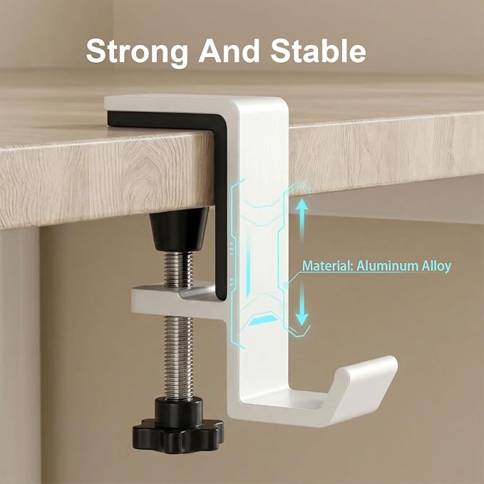 Headphone Stand - Aluminum Alloy Headphone Holder, Under Headset Stand for Desk Fit for PC Gaming Headset Hanger Hook Suitable for Office, Computer, Student Class Desk, Handmade Creator Table (White)