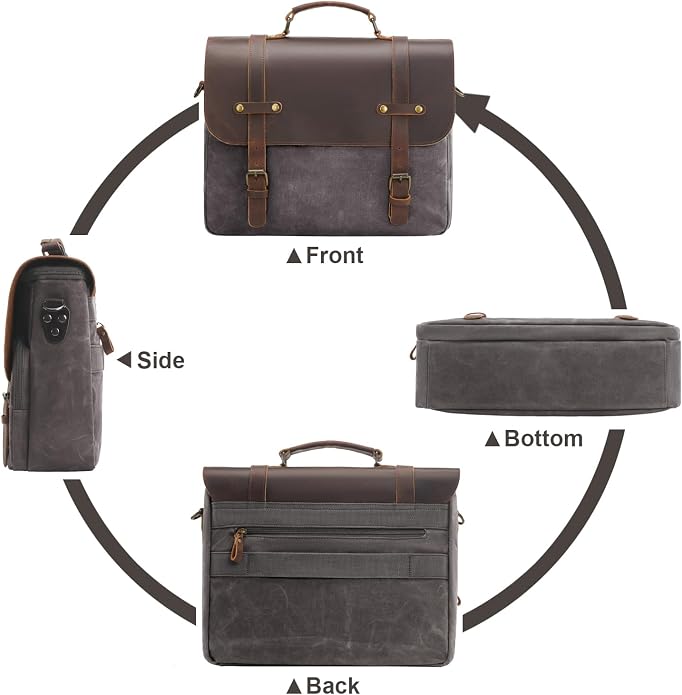 Mens Messenger Bag Waxed Canvas Laptop Briefcase 16“ Vintage Genuine Leather Crossbody Bags Waterproof Satchel Shoulder Bag