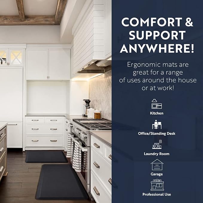 KANGAROO Cushioned Anti Fatigue Mats for Kitchen Floor, 39x20, Reduce Foot, Knee, Back Pressure, 3/4 Inch Thick Ergonomic Mat, Waterproof Comfort Rug for Under Sink, Standing Desk, Store Floors, Black