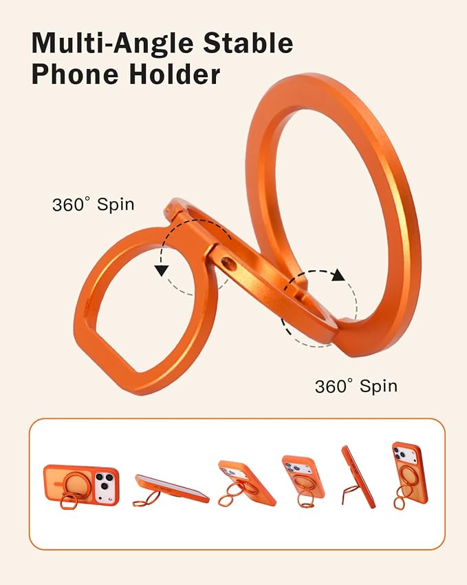 Phone Ring Holder for MagSafe,360°Rotation Magnetic Phone Grip Ultra-Thin & Lightweight Kickstand for iPhone 17/16/15/14/13/12 Series Orange