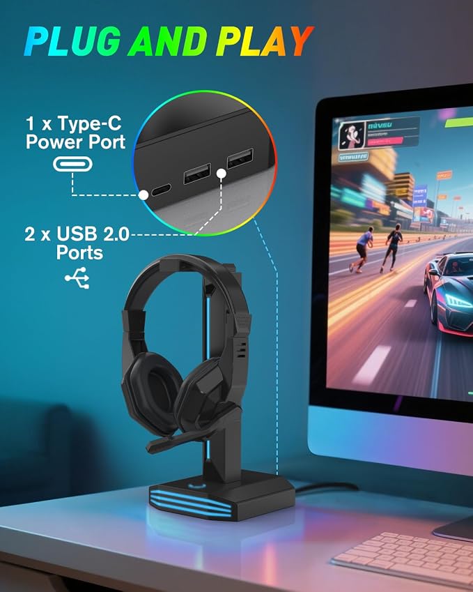 FINTIE RGB Headphone Stand, Gaming Controller Holder for Desk with 9 Lighting Modes, USB/Type-C Charging Ports, Headset Stand Earphone Hanger Accessories for Desktop