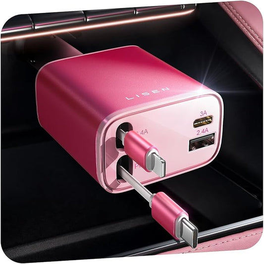 LISEN Retractable Car Charger, 84W Fast Charging Car Phone Charger, Car Charger USB C Truck Accessories, Road Trip Essentials Pink Car Acessories for Men Women for iPhone 17 16 15 14 13 12 Samsung S26