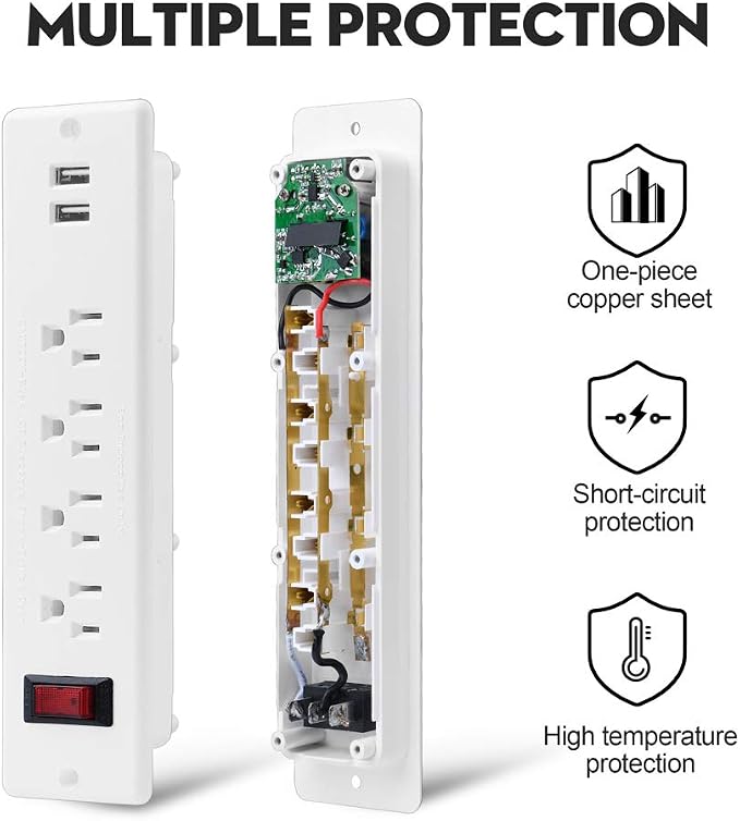 Mountable Power Strip Recessed Power Strip with USB 4 Outlet 2 USB Multiple Protection Built in Conference Desk Counter Workbench for PC Home Electric Appliance ETL Listed(White)