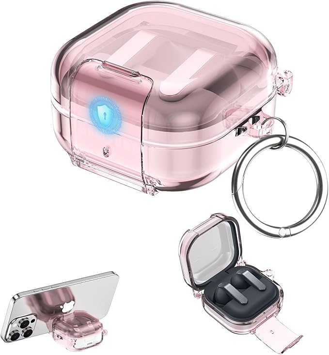 CameCosy Transparent case Compatible for Samsung Galaxy Buds 4/Buds 4 Pro 2026 with Lock Buckle & Phone Stand Function, TPU Shockproof Anti-Scratch Cover with Carabiner for Women Men, Clear Pink