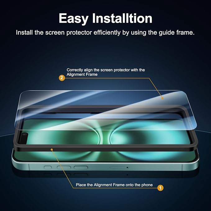 NEW'C 3x for iPhone 16 Screen Protector (6.1 inches)+ 3x Camera Lens Protector, Sensor Protection, Case Friendly Tempered Glass Film + Dust Plug- Easy installation tool include