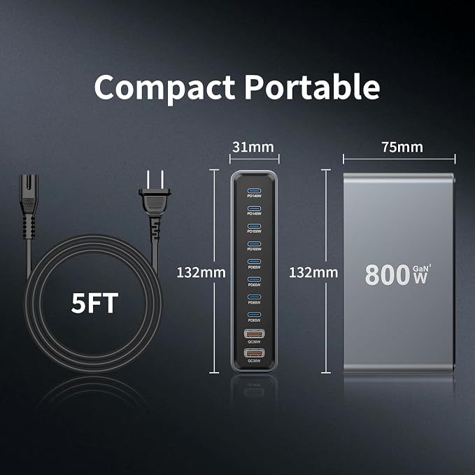 800W GaN3 10-Port USB-C Charging Station - Fast Charger for Laptops, Tablets, Smartphones, and More (Black)