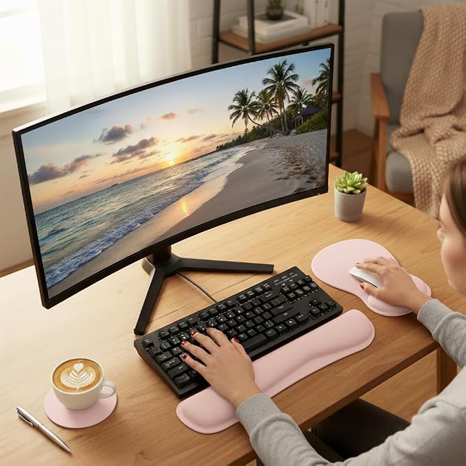 RICHEN Wrist Rest Support for Mouse Pad&Keyboard Set with Coaster,Concave Curved Memory Foam, Non-Slip Base Pain Relief Comfortable Easy Typing Pad for Home/Office (Lycra Pink)