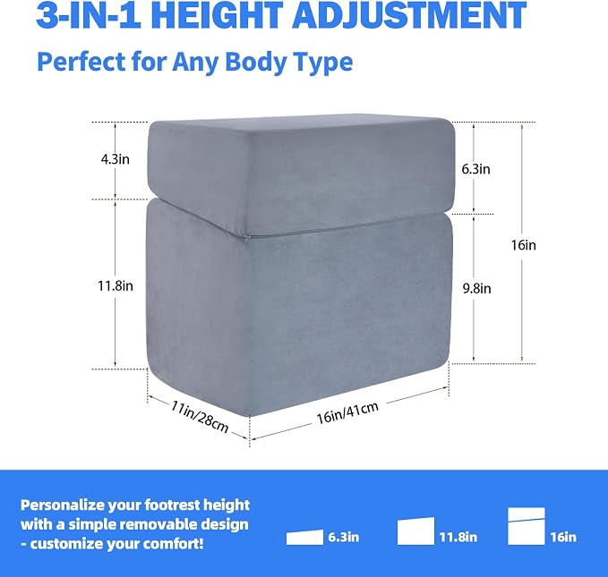 Adjustable Foot Rest for Under Desk - 3-in-1 Ergonomic Foot Stool with Zipper Connection, 6.3"/11.8"/16" Height Adjustable for Office, Home & Gaming (Gray)