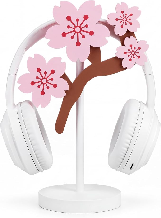 Yookeer Pink Cherry Headphone Stand Cute Headphone Stand Decorative Sakura Wood Desk Decor for Gamer Room Office Desk Gaming Gifts for Girlfriend Office Worker