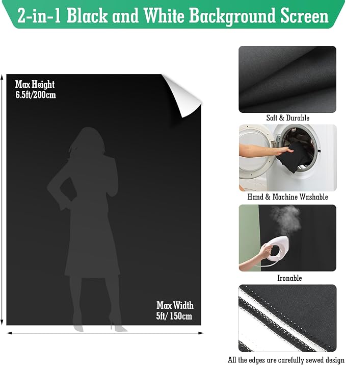 Black White Backdrop Screen with Stand Kit, 5 x 6.5 ft Photo Backdrop Kit, 2-in-1 Revisible Black Backdrop White Screen with T-Shaped Stand and 5 Clamps for Photography Party Decorations