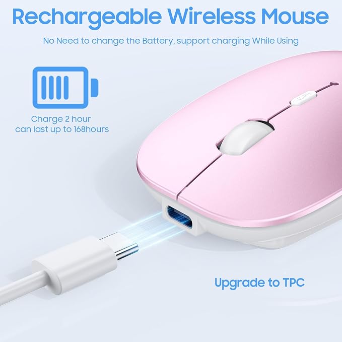 SUNGI Bluetooth Mouse,Slim Rechargeable Silent Mouse with Jiggler Mode for MacBook pro MacBook Air/iPhone/ipad/Tablet/Laptop/Notebook,Pink