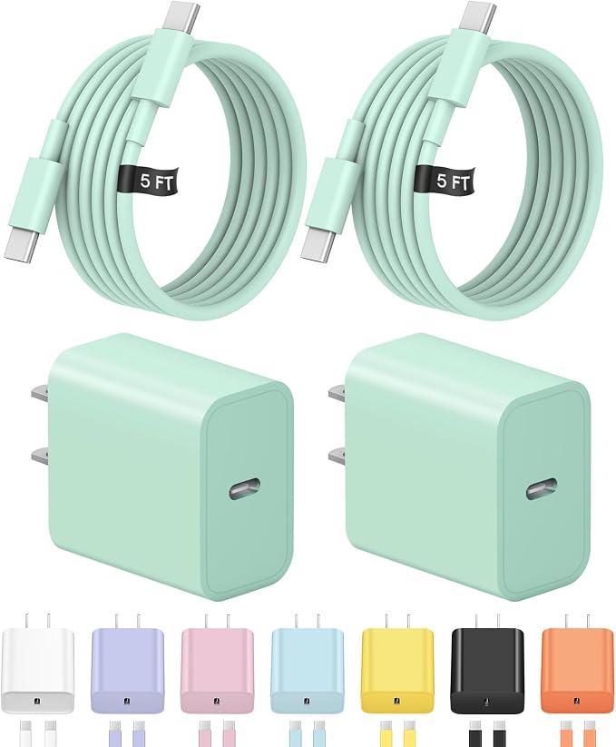 5FT iPhone 17 16 15 Charger Fast Charging USB C Charger Block Type C Chagrer Fast Charging 2-Pack for iPhone 17/17 Plus/17 Pro/17 Pro Max/iPhone 16/16 Plus/16 Pro/16 Pro Max/15 Pro Max/Samsung(Green)