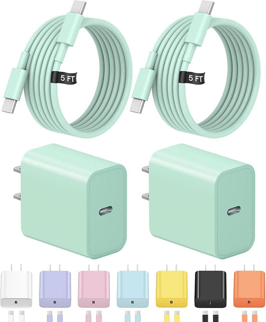 5FT iPhone 17 16 15 Charger Fast Charging USB C Charger Block Type C Chagrer Fast Charging 2-Pack for iPhone 17/17 Plus/17 Pro/17 Pro Max/iPhone 16/16 Plus/16 Pro/16 Pro Max/15 Pro Max/Samsung(Green)