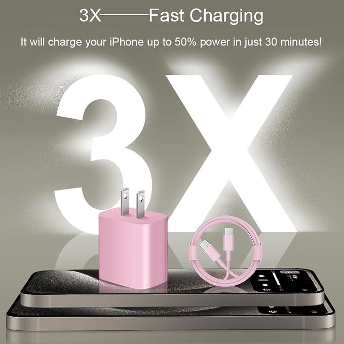 iPhone 17 16 15 Charger Fast Charging 3+3Pack 20W USB C Wall Charger with 10FT Fast Charging Cable Compatible with iPhone 17/17 Air/17 Pro/17 Pro Max/iPhone 16/15 Series, iPad Pro/AirPods -Pink