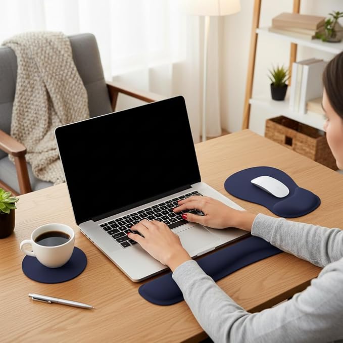 RICHEN Wrist Rest Support for Mouse Pad&Keyboard Set with Coaster,Concave Curved Memory Foam, Non-Slip Base Pain Relief Comfortable Easy Typing Pad for Home/Office (Navy Blue)