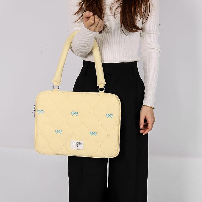 Cute Bow Laptop Case Coquette 13-15 Inch Puffy Laptop Sleeve Accessories Aesthetic Quilted Computer Bag for MacBook (Yellow 1, 13-14inch)