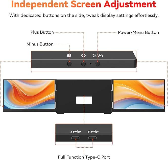 HotYeah Laptop Screen Extender (Windows Only), 15.6" 1080P Dual Extended Monitor, USB-C Travel Screen for 12-17" Laptop, Triple Portable Monitor w/Kickstand & 240° Rotation, One Cable Connection