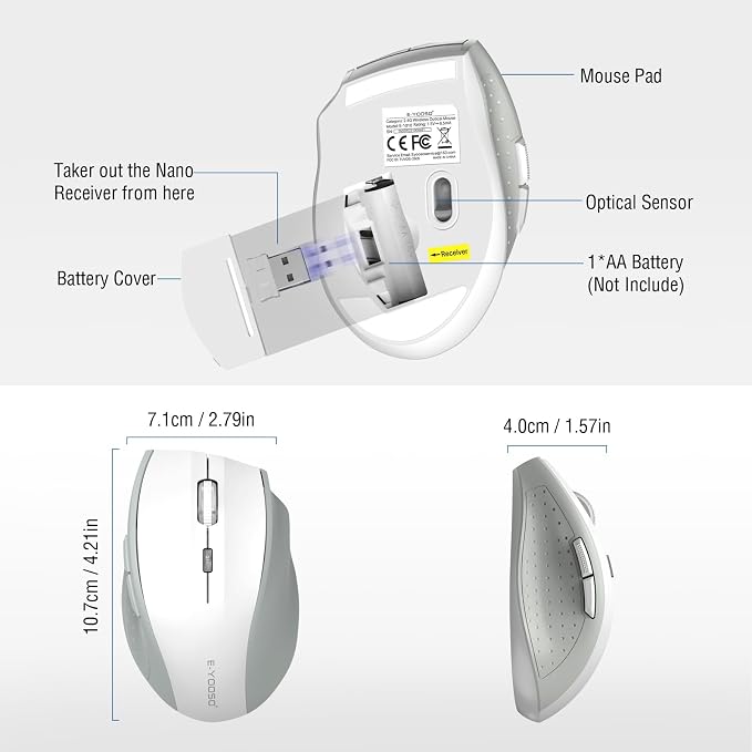 E-YOOSO Wireless Mouse for Laptop, Portable Optical Computer Mouse, 6 Buttons, Cordless 2.4GHz with USB Receiver, 5-Level 4800 DPI, 18 Months Battery Life, for PC, Chromebook, Windows, Mac(White Gray)
