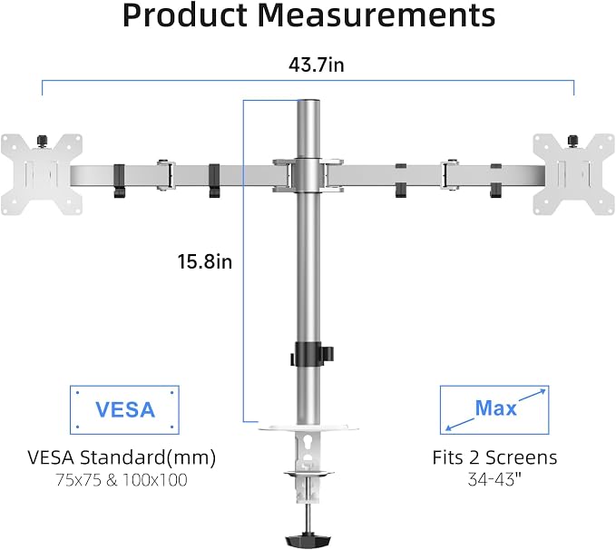 Suptek Dual Monitor Desk Mount, Adjustable Dual Monitor Arm for 2 Monitor Screens up to 43 inch, 15.75" Pole Monitor Stand for Desk, Holds up to 22 lbs,Silver(MD9442LS)