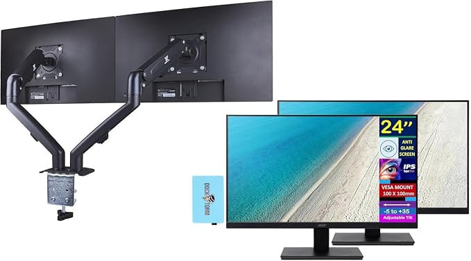 acer 24" Vero FHD IPS Monitor with 4 ms Response Time, Anti-Glare, Adaptive Sync, Integrated Speakers, VESA Mount (100mm) & Dockztorm Hub, Black Color 2 Pack & ErgoFlexy Dual Monitor Mount