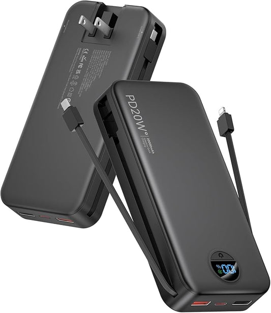 citicr Portable Charger Power Bank, 20000mAh PD20W USB C Fast Charging with Built-in Cables & Wall Plug, External Battery Bank with LED Display, Travel Essential for iPhone, iPad, Samsung Black