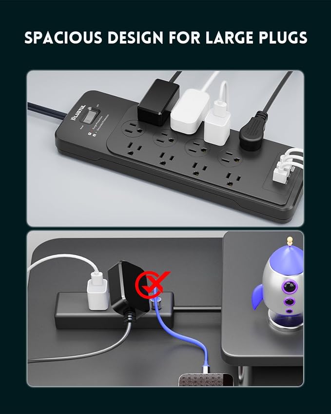 Surge Protector Power Strip 25FT(4080J), PLUGTUL Surge Protector with 12 Outlets - Spacious Design for Large Plugs, Flat Plug, 20W USB C Charging for Home, Office, ETL Listed