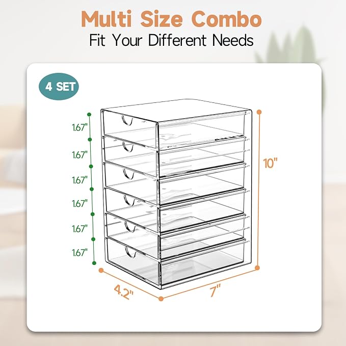 Makeup Drawer Storage Organizer with 24 Drawers, 4 Set Acrylic Office Desk Organization and Storage, Dustproof Drawer Organizer for Makeup, Office, Countertop, Jewelry, Pen, Desktop, Bathroom, Bedroom