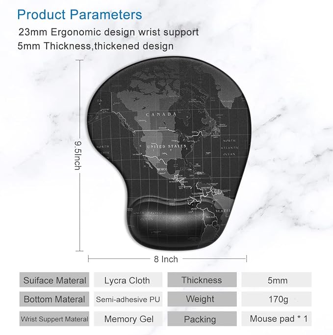 ITNRSIIET Ergonomic Mouse Pad with Gel Wrist Support Small Wrist Rest Smooth Surface Non-Slip PU Base Comfortable Office Supplies Pain Relief, 8.7 x 7.2 inches, Map
