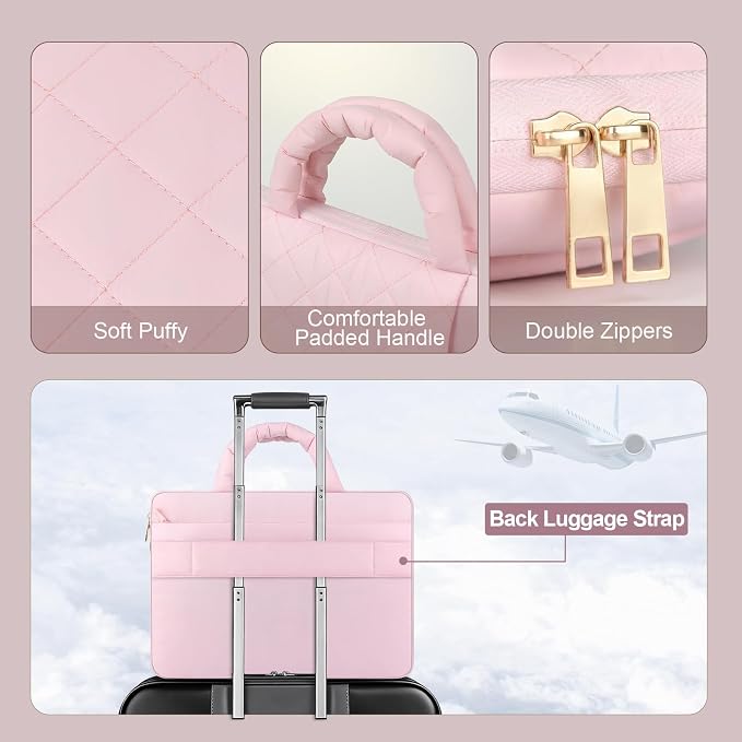 Laptop Case 13.3 inch,13-13.3 inch Puffy Laptop Sleeve Bag Compatible with MacBook Neo 13/Air 13 13.6/Pro 13/Pro 14,Square Quilted Bag with Vertical&Back Horizontal Pockets&Handle&Belt, Pink
