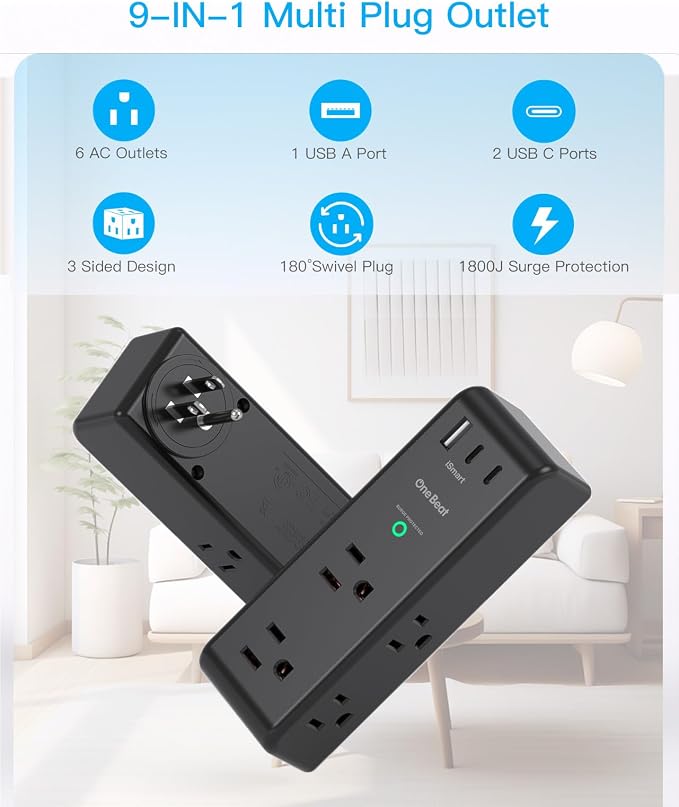 Surge Protector Outlet Extender with Rotating Plug, 6 AC Multi Plug Outlet with 3 USB Ports (2 USB C), 1800J Wall Charger Swivel Power Adapter with Spaced Outlet Splitter for Home Office Dorm, Black