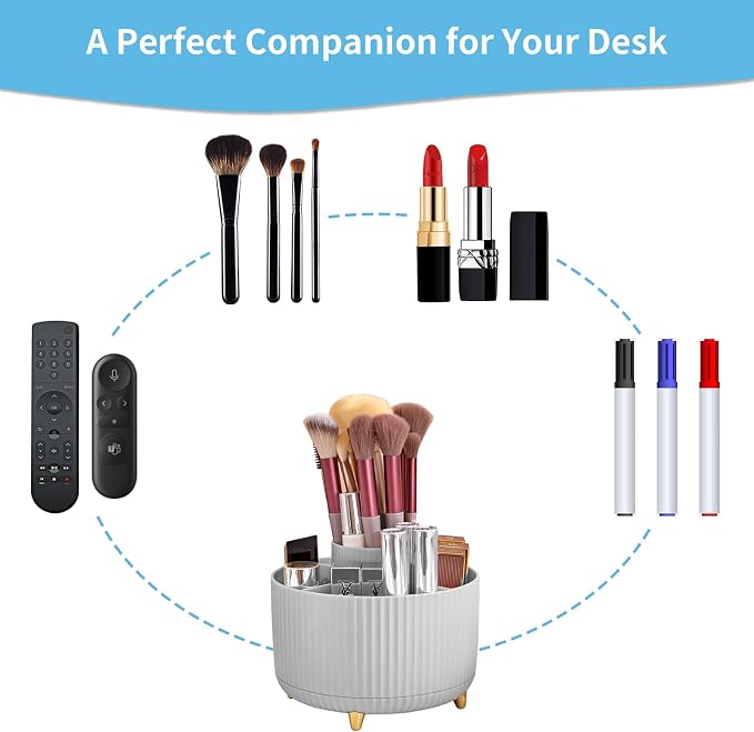 Marbrasse Desk Organizer, 360-Degree Rotating Pen Holder, Desk Organizers and Accessories with 5 Compartments Pencil Holder, Art Supply Storage Box Caddy for Office, Home (Grey)
