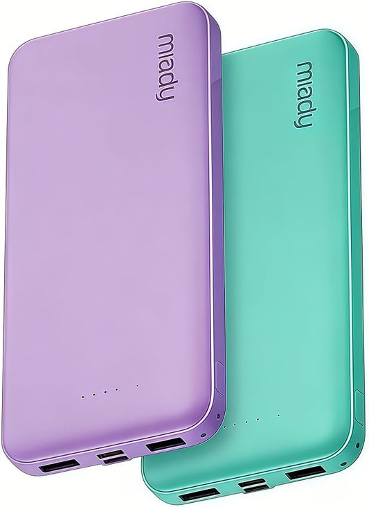 Miady 2-Pack Portable Charger, Slim 10000mAh Power Bank Travel Battery Pack 3 Outputs 2 Inputs Compatible with iPhone 17/16/15/14/13 Galaxy S24/22 iPad Android etc (Green+Purple)