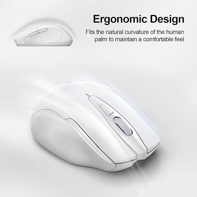 TECKNET Wireless Mouse Rechargeable, 2.4G USB-A Silent Mouse, Quiet Click, 6 Adjustable 4800 DPI, Cordless Computer Mice, Ergonomic Mice for Laptop, 6 Buttons for Chromebook, Ergo Grip - White