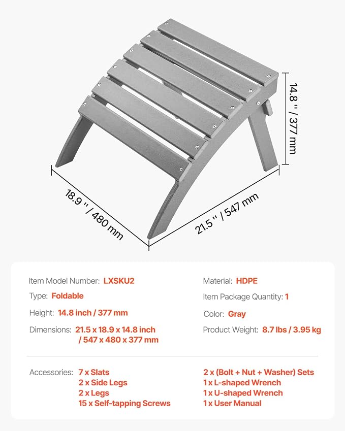 VEVOR Adirondack Ottoman, 21.5L x 18.9W x 14.8H Inch HDPE Plastic Folding Adirondack Ottoman, Weather-Resistant Foot Rest for Adirondack Chair, Widely Used for Outside Porch Pool Lawn Backyard, Gray