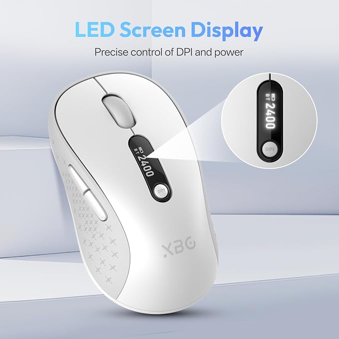 XBG B15pro Wireless Bluetooth Mouse, Bluetooth 5.0/4.0 & 2.4G Tri-Mode, Type-C Rechargeable with LED Screen Display, Ergonomic Silent Click for Laptop/PC/Tablet, Multi-Device & Office Use-White