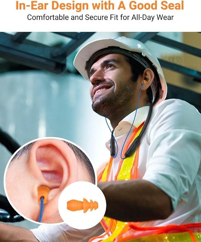 Noise Reduction Wireless Neckband Headphones with Qualcomm aptX HD, 27dB NRR, CVC Noise Cancelling Mic & Controls and 20H Playtime for Work Safety OSHA Compliant - Blue Wire Blue Earbuds
