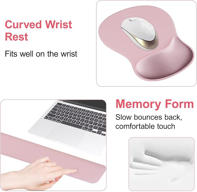 MOSISO Wrist Rest Support for Mouse Pad&Keyboard Set, Ergonomic Mousepad&Coaster, Non-Slip Base Home/Office Rectangular Easy Typing Cushion Pad with Soft Cloth&Curved Concave Memory Foam, Pink