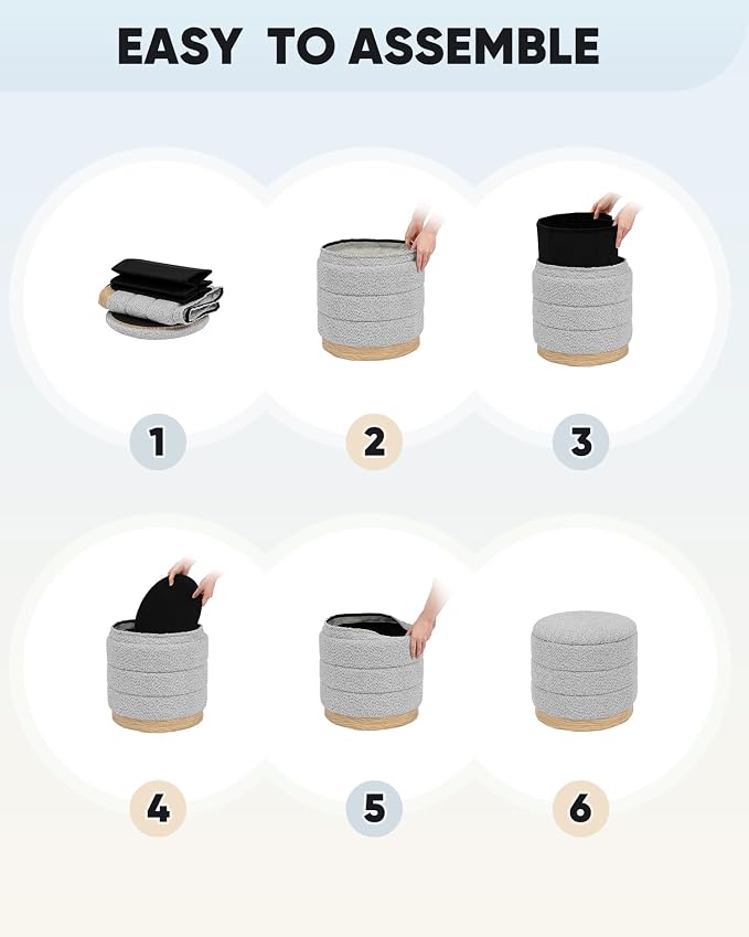 B FSOBEIIALEO Round Storage Ottoman with Tray, Folding Ottoman with Storage Coffee Table Foot Rest for Dorm Room Living Room Chenille Fabric,Sliver Grey,15.35"x15.35"x14.57"